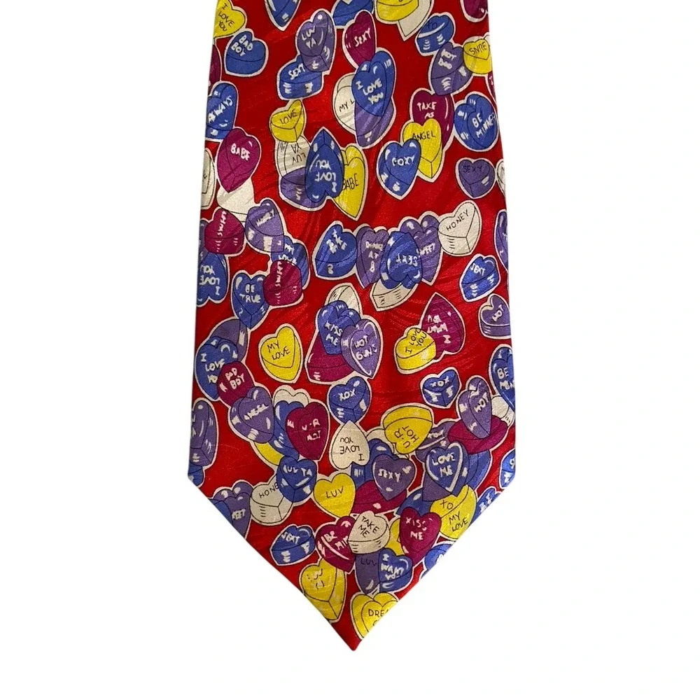 Red Silk Conversation Hearts Valentine Candy Print Mens Necktie Holiday Tie